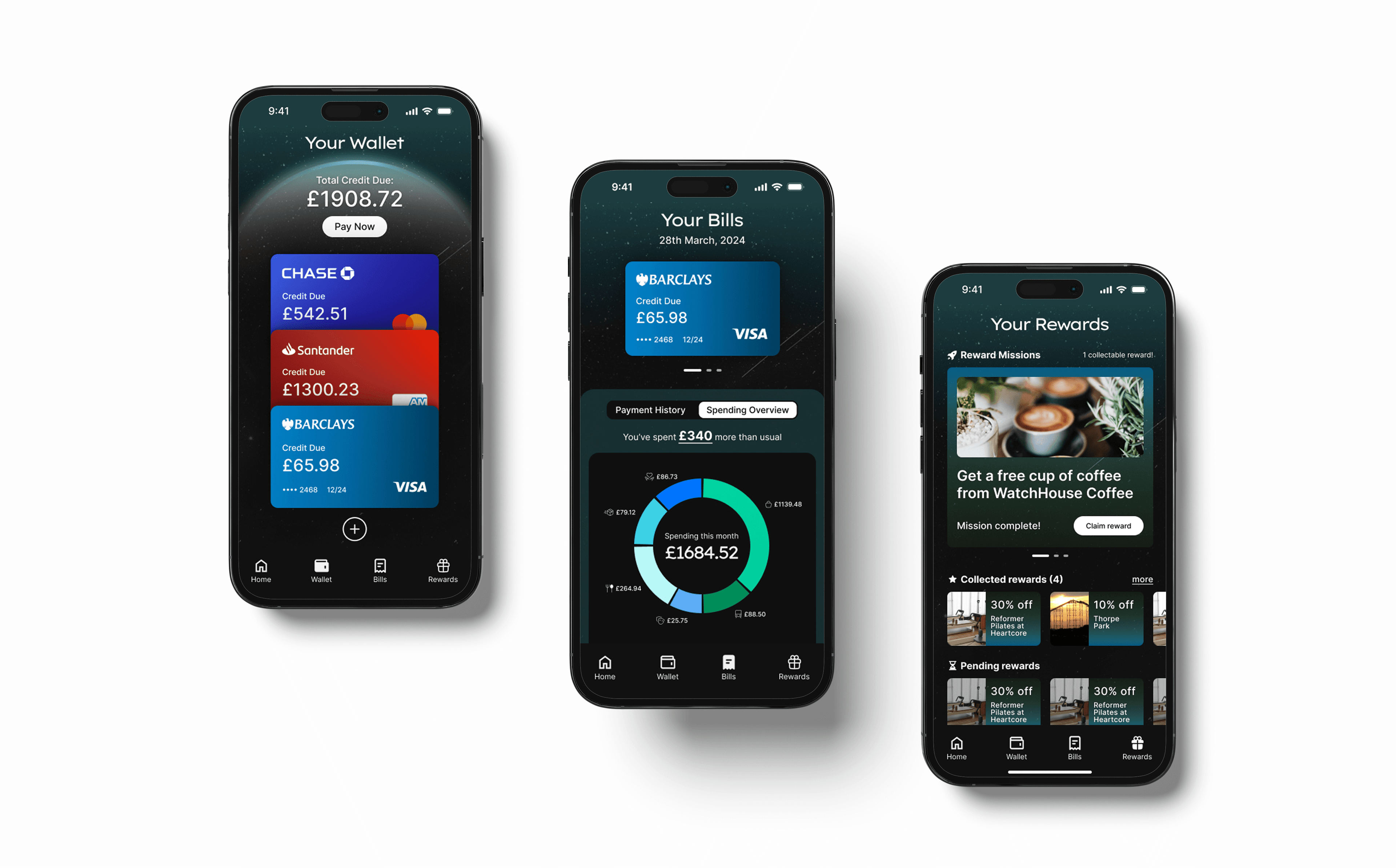 Three screenshots of the finchair app final designs, the wallet, bills and rewards pages