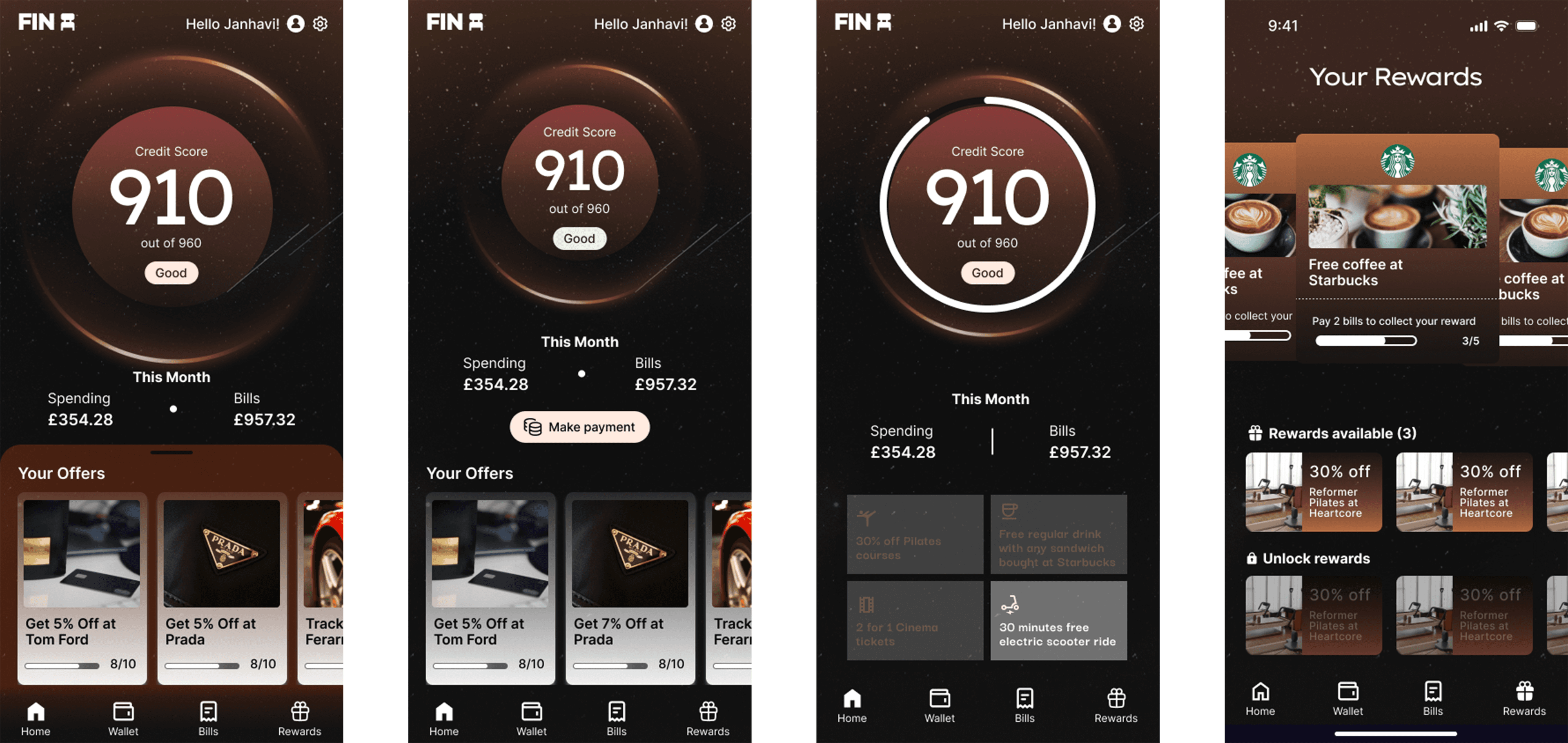 Four screens of the finchair app designs in early stages