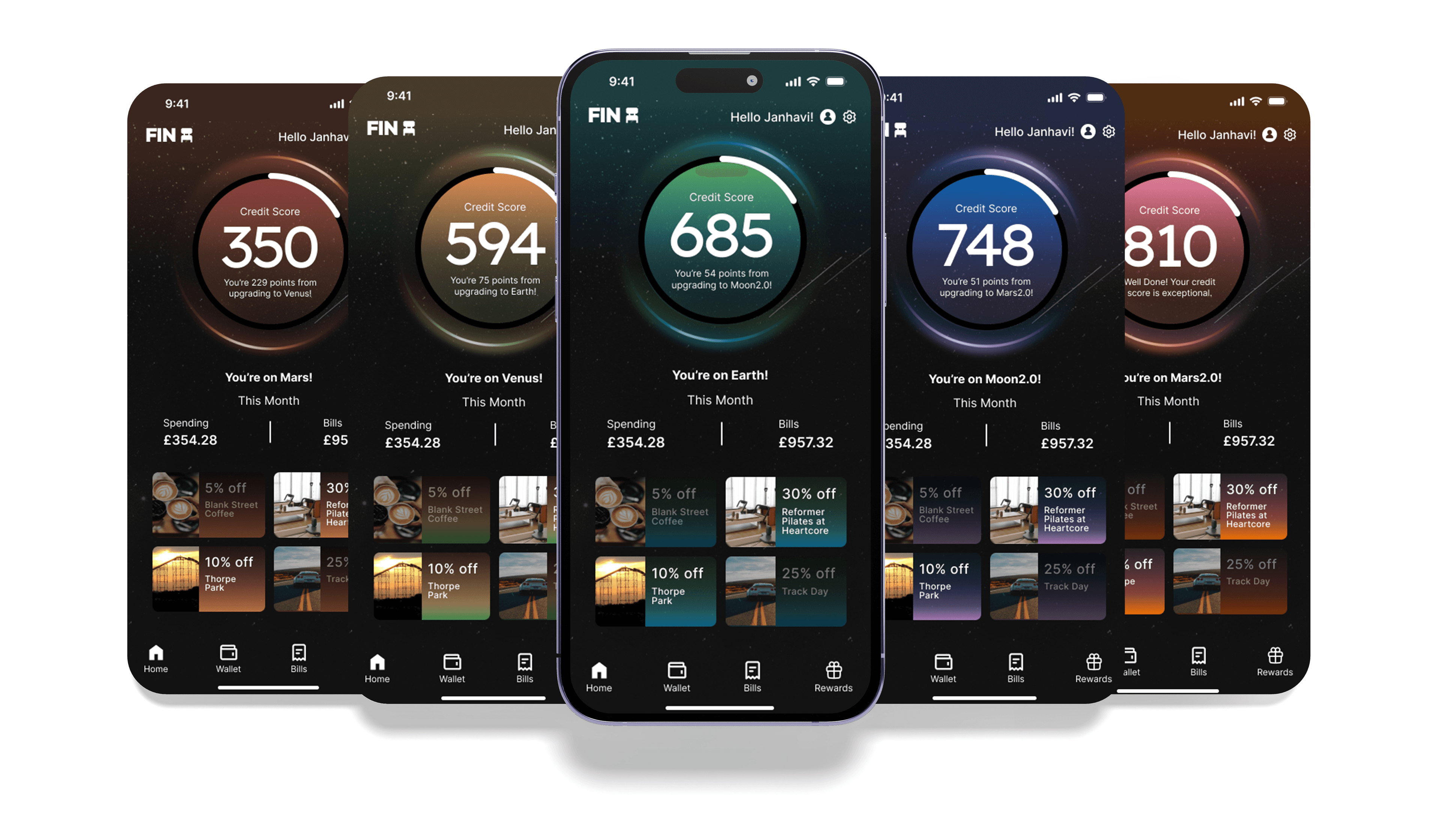 Five homepage screenshots of the finchair app final designs