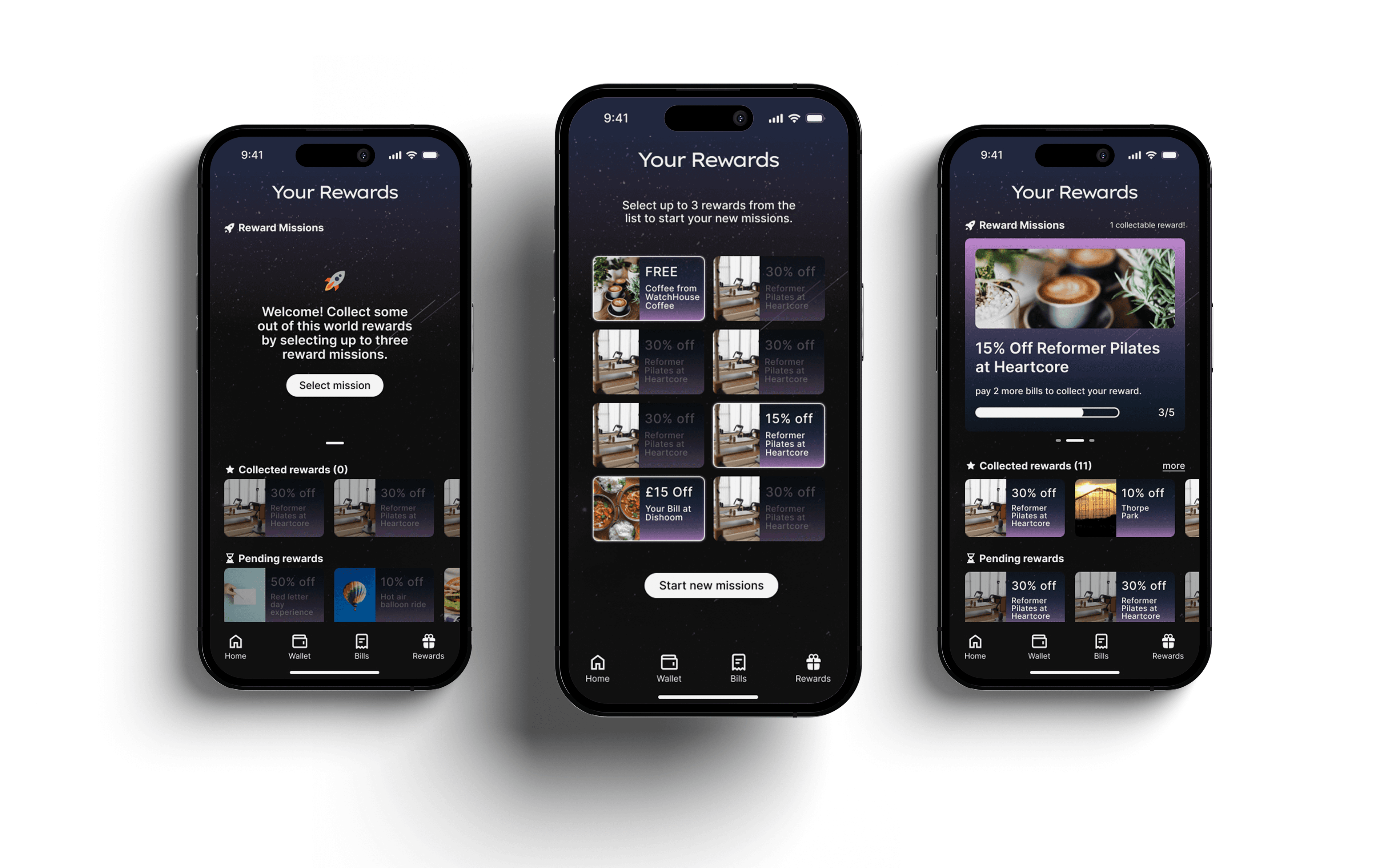 Three screenshots of the finchair app rewards function final designs