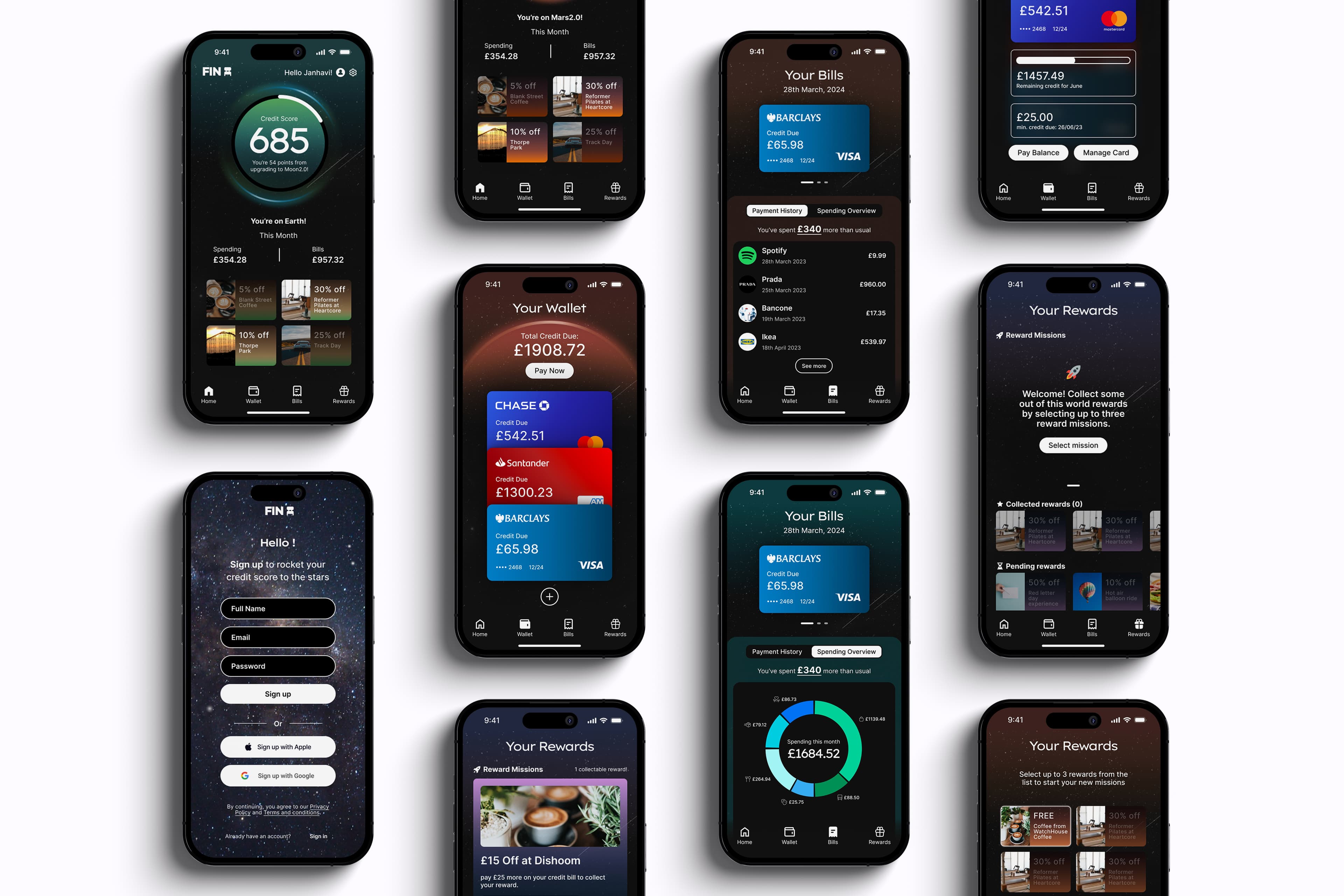 Ten iphone screens showing different pages of the FinChair app