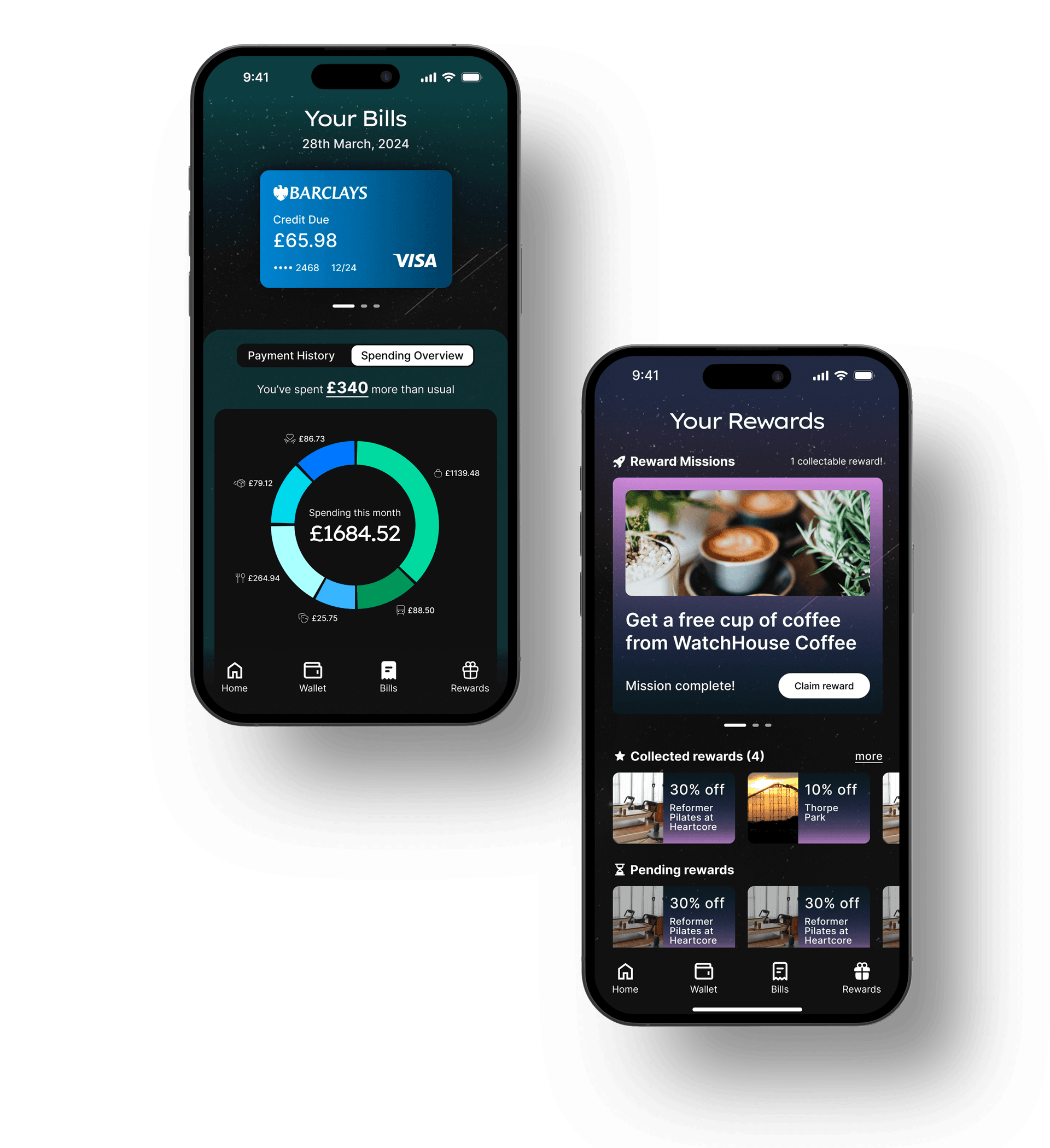 Two Finchair app screens. Bills screen and rewards screen.
