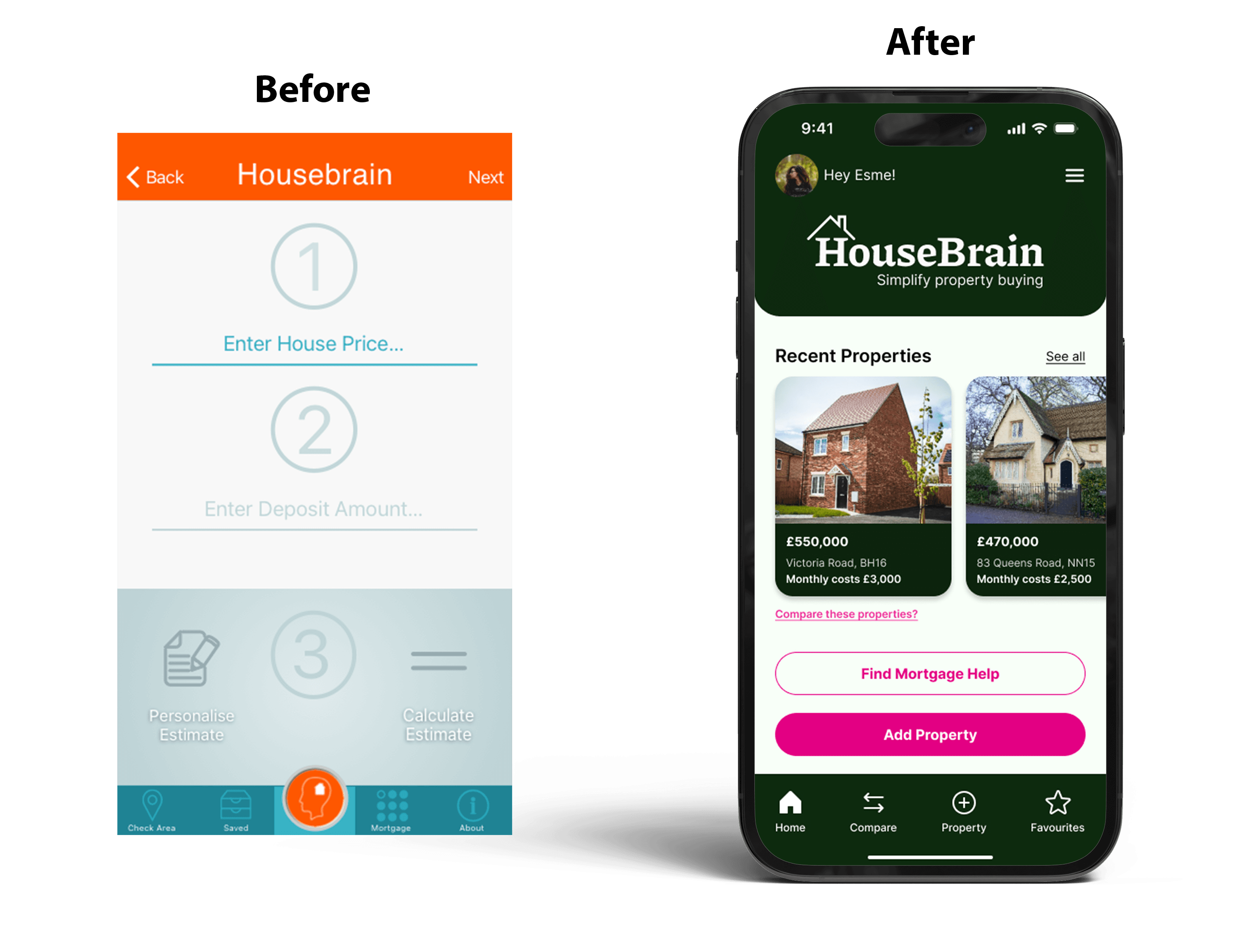 Before and after of the HouseBrain app
