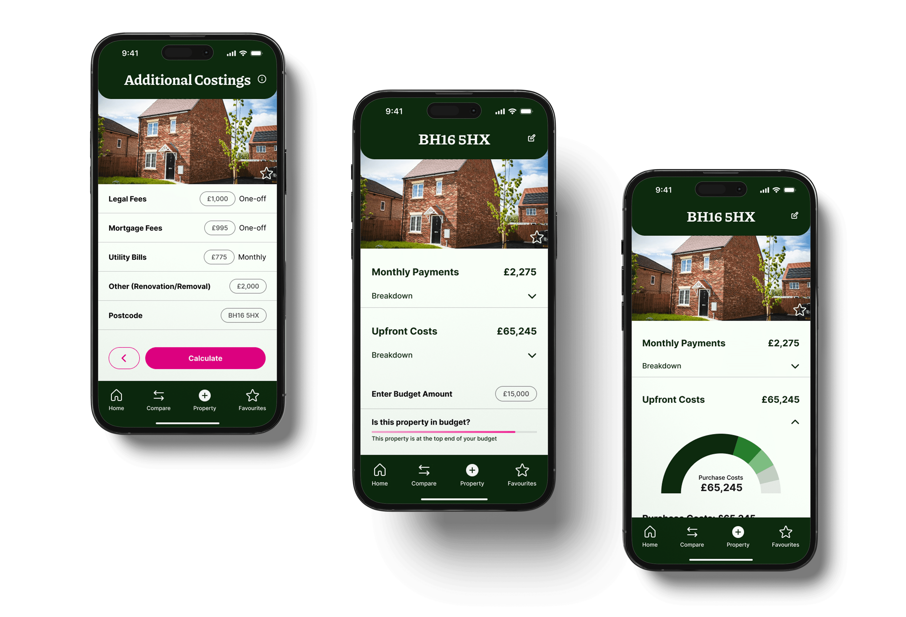 Three screenshot mock ups of the calculator feature in the housebrain app
