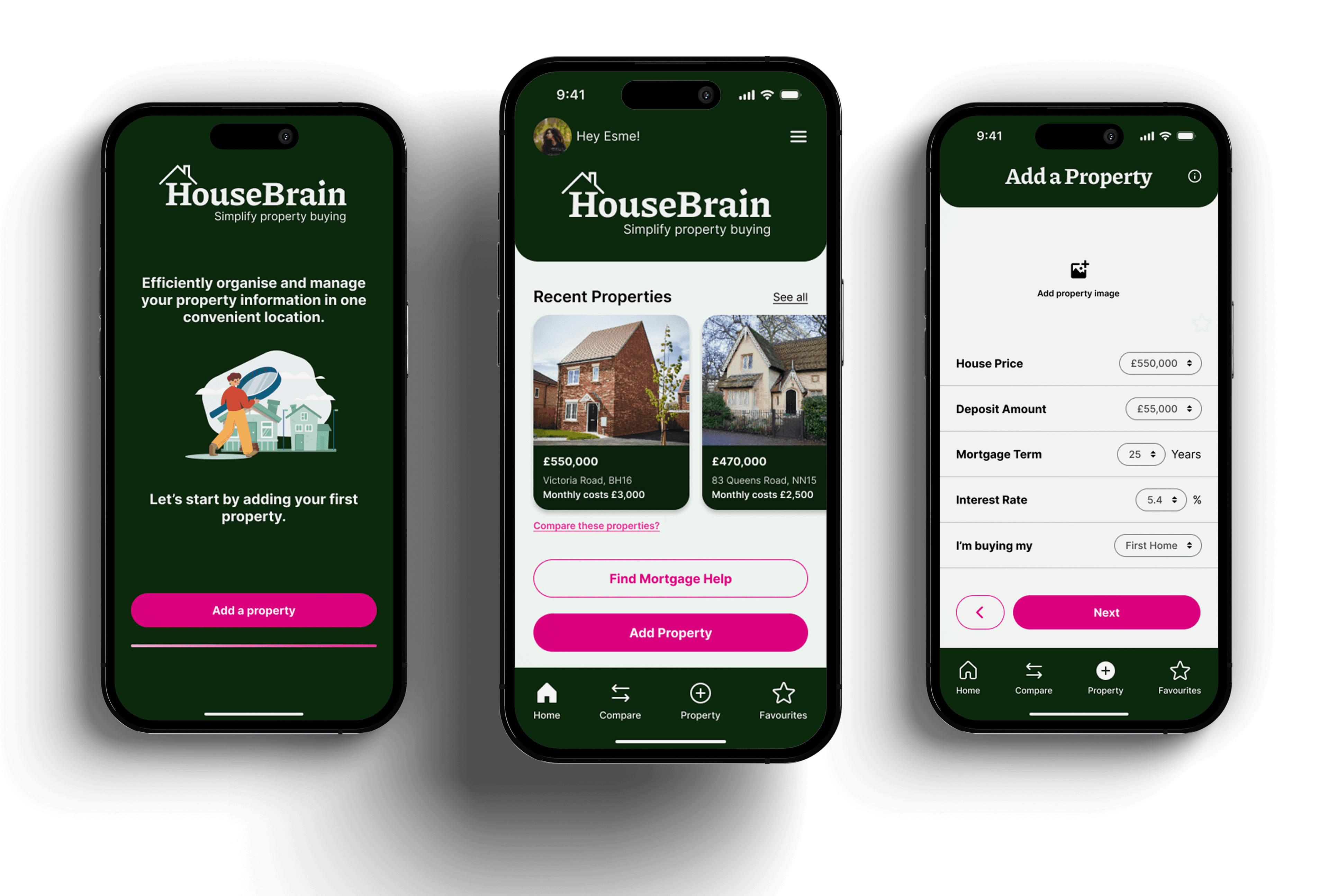 Three screenshot mock ups of HouseBrain App onboarding
