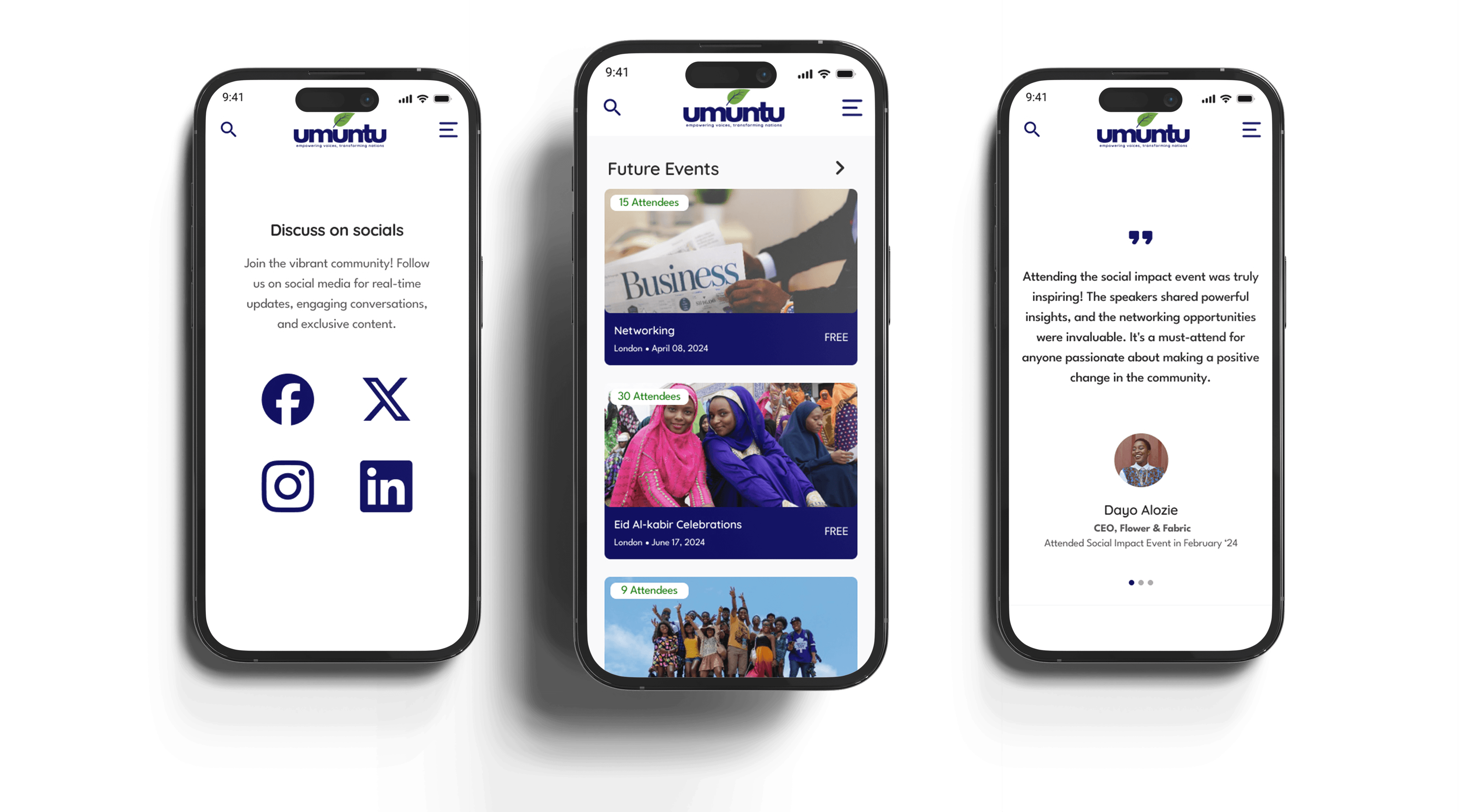 Umuntu community screens in three iphone mock ups