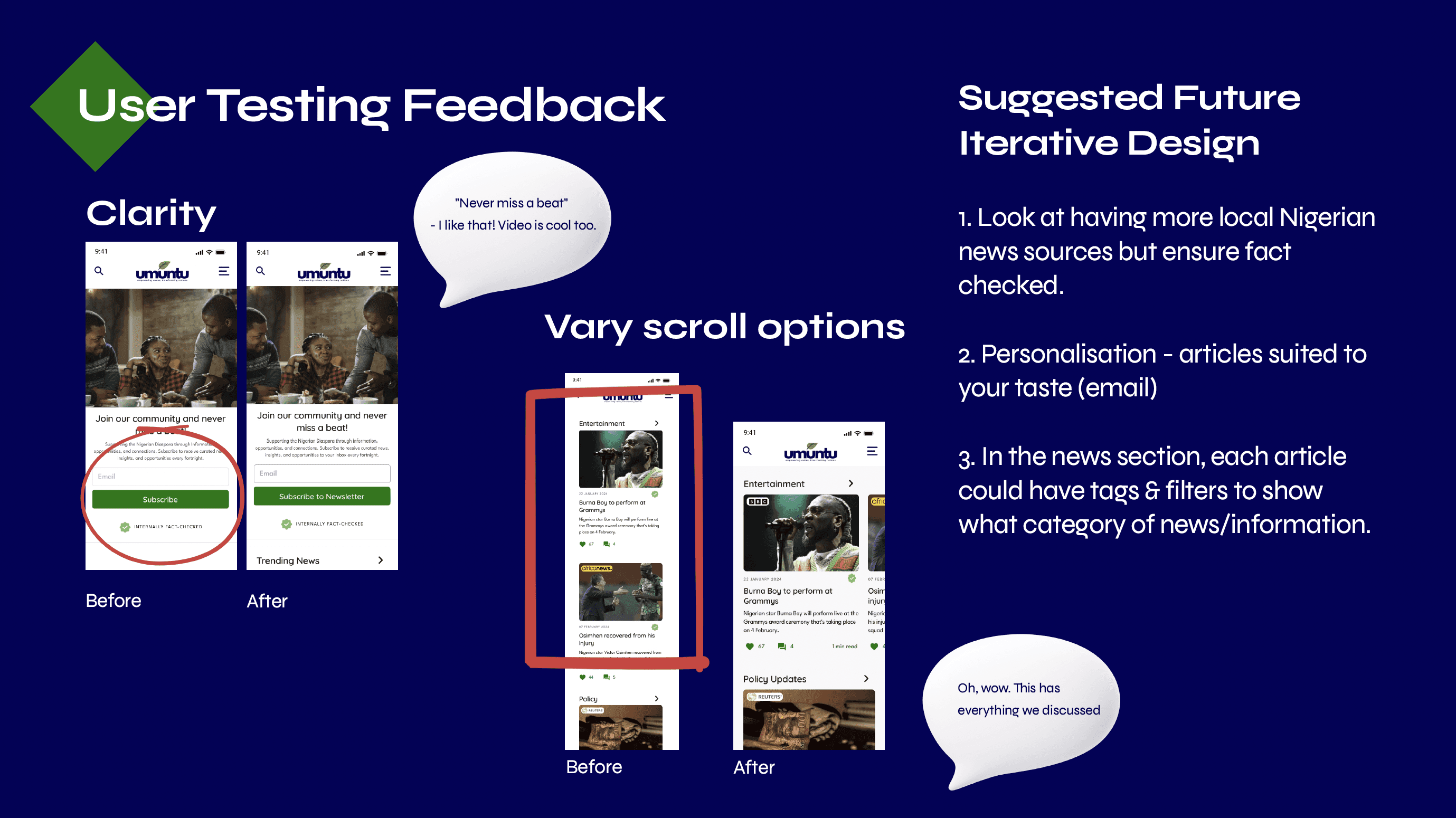 User testing feedback of final design