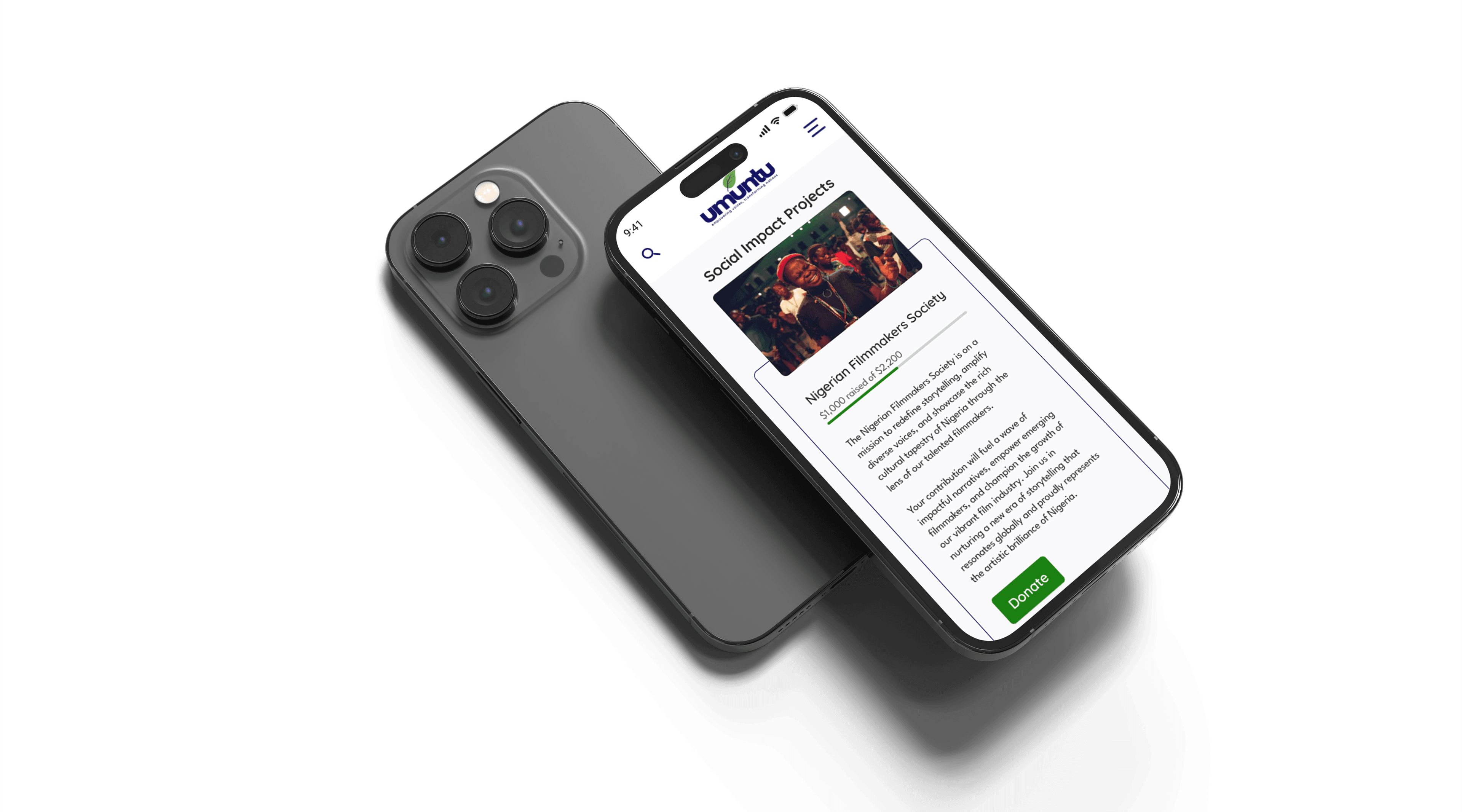 Umuntu social projects page on iphone mock up